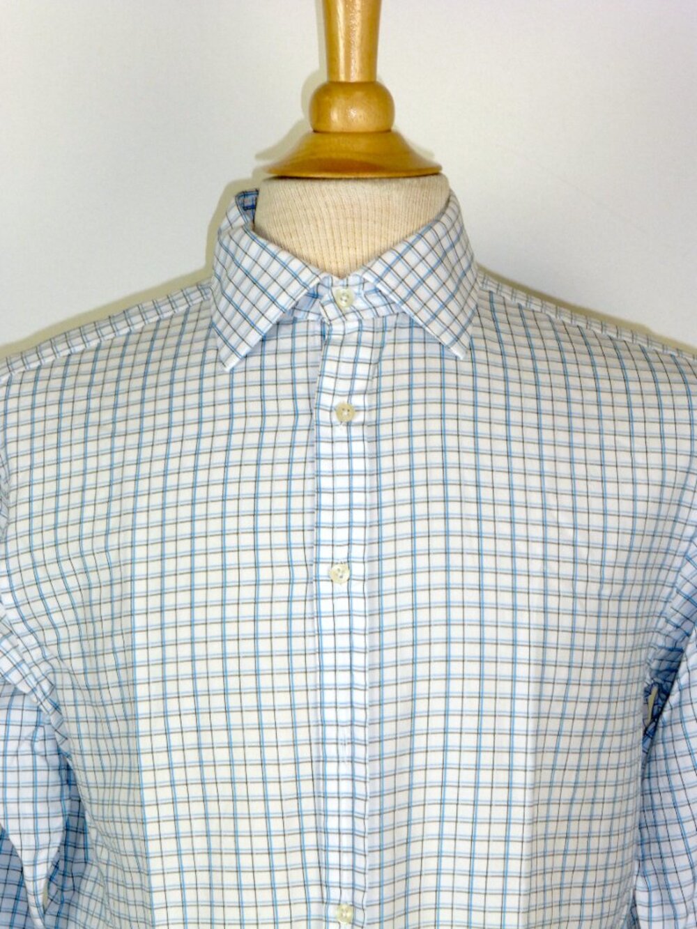 THOMAS PINK blue white PLAID French cuff dress shirt 15.5